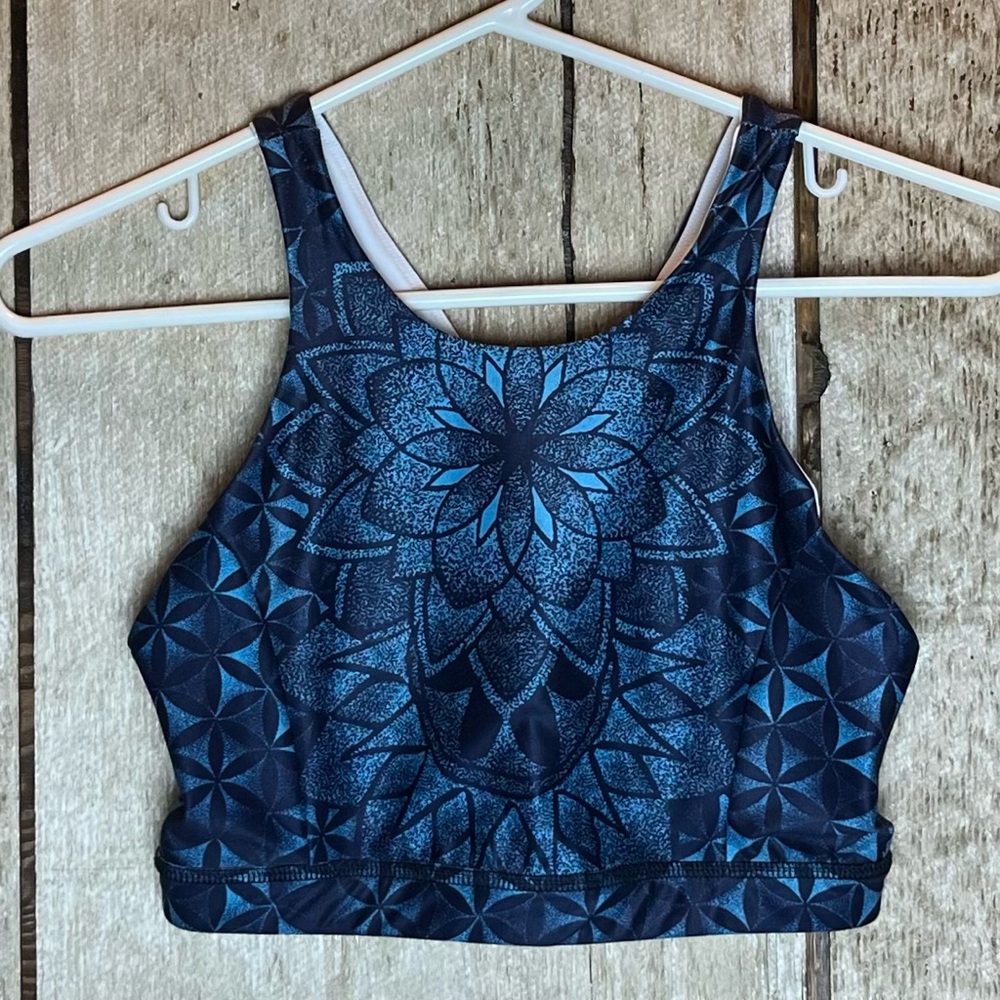 Apron sports bra crop top, small, blue mandala pattern, racer back, yoga